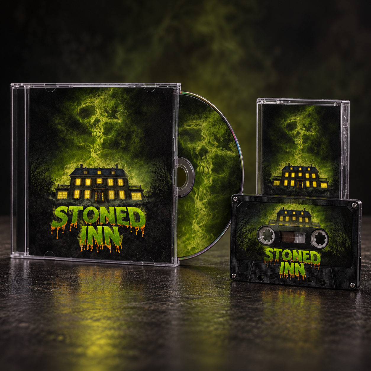 Photorealistic concept of the Stoned Inn soundtrack on CD and cassette