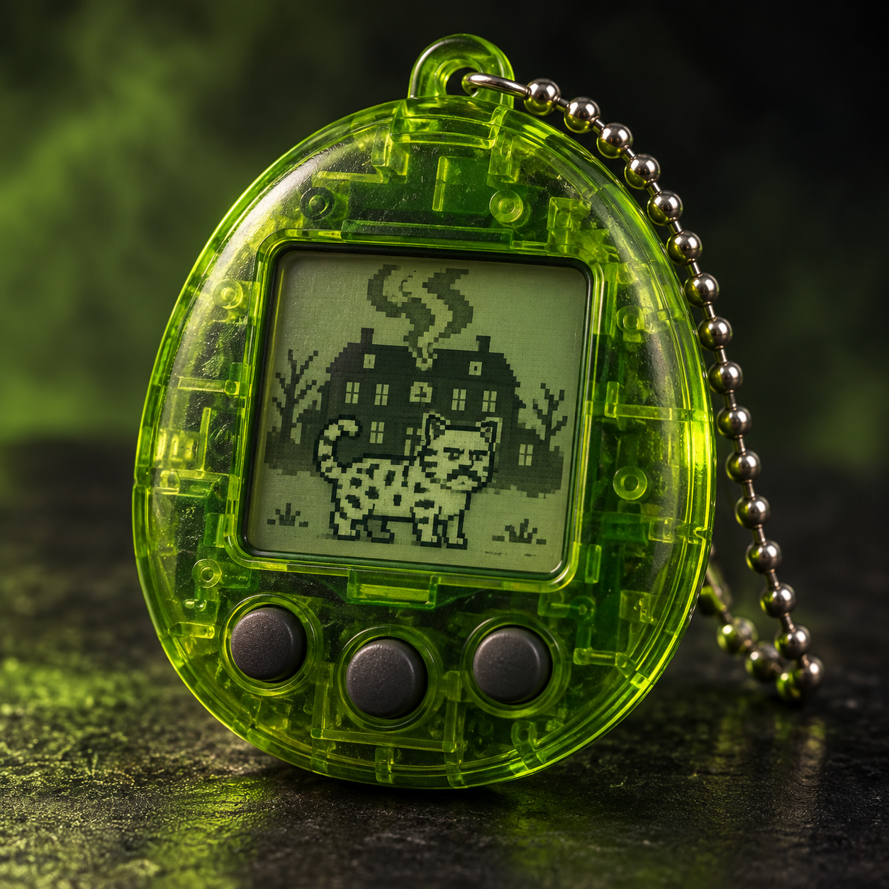 Photorealistic concept of a green Stoned Inn virtual pet keychain